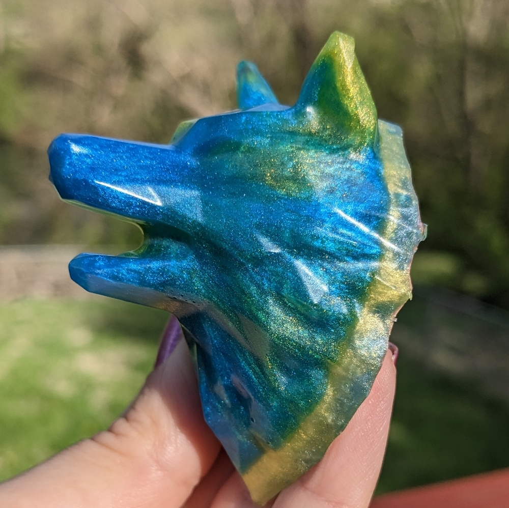 Wolf Magnet Blue Yellow Handmade Resin Art Cute Cool Gift Art Artisan Dog Dogs